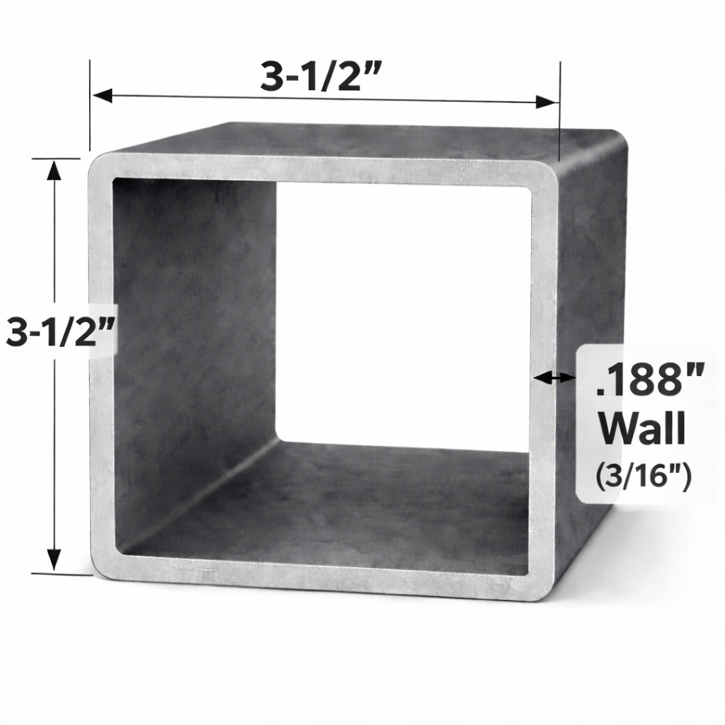 Square steel tubing measuring 3-1/2" x 3-1/2" with a wall thickness of .188" (3/16"). Made in the USA.