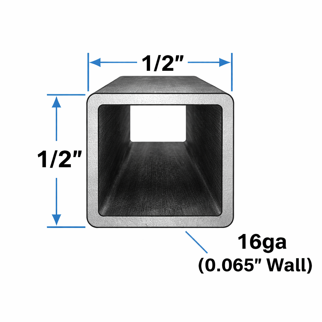 Square Steel Tubing-1/2" x 1/2" x 16ga (0.065") showcasing dimensions for structural applications.