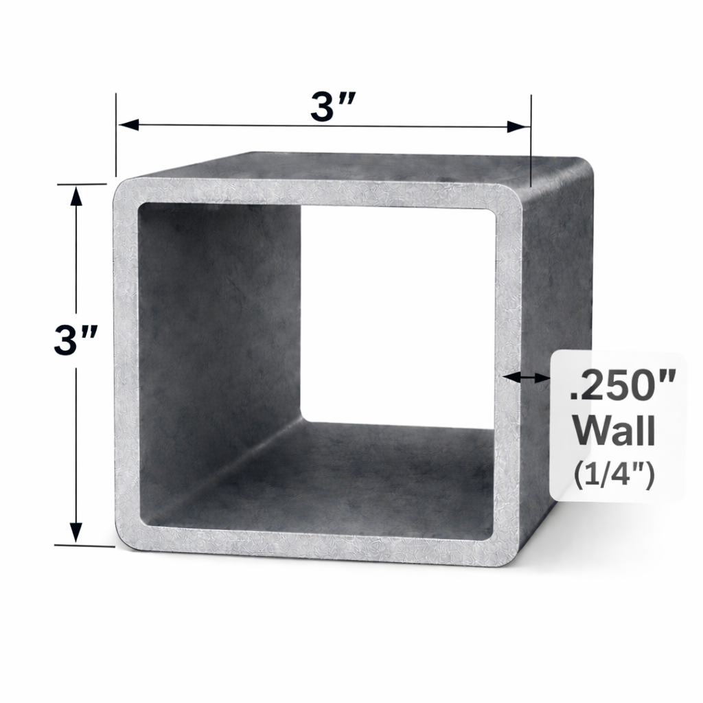 Square steel tubing 3" x 3" x 1/4" (0.250") showing dimensions for structural applications.
