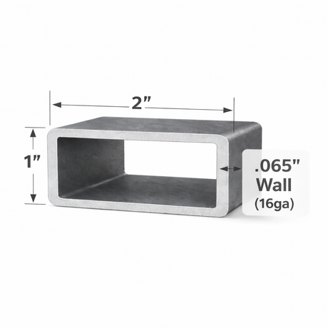 Rectangle steel tubing measuring 1 inch by 2 inches with a wall thickness of 0.065 inches, ideal for construction.