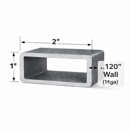 Rectangle steel tubing 1" x 2" x 11ga (0.120") dimensions and specifications.