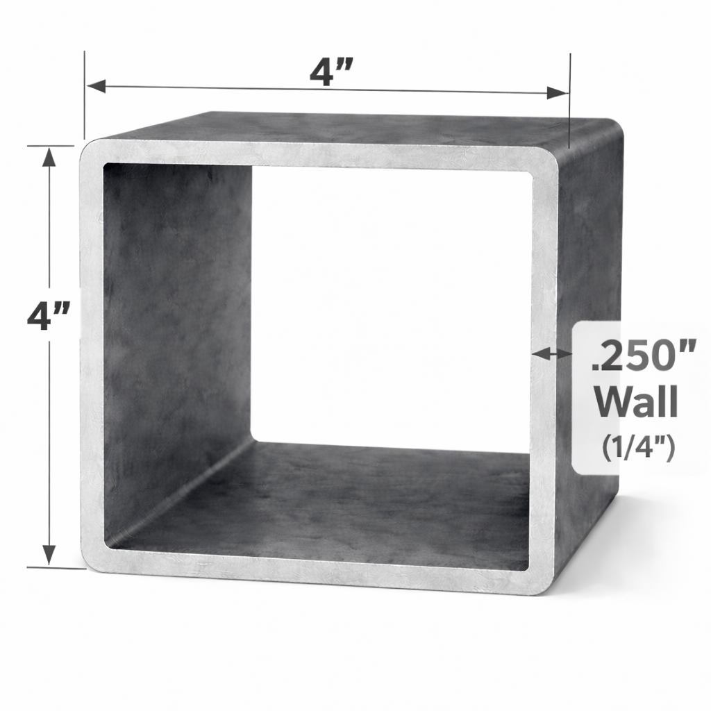 4" x 4" x 1/4" (0.250") square steel tubing, showcasing dimensions and wall thickness for structural use.