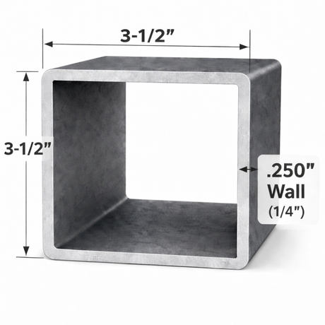 Square steel tubing 3-1/2" x 3-1/2" x 1/4" (0.250") dimensions and design for various structural applications.