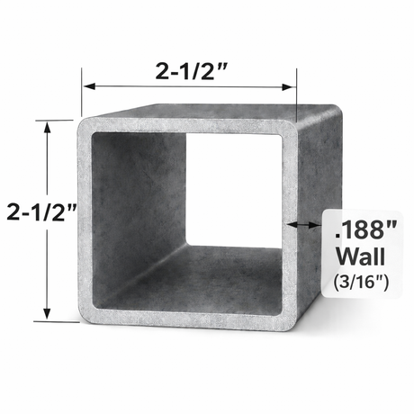 Square steel tubing 2-1/2" x 2-1/2" with .188" wall showing dimensions for structural applications.