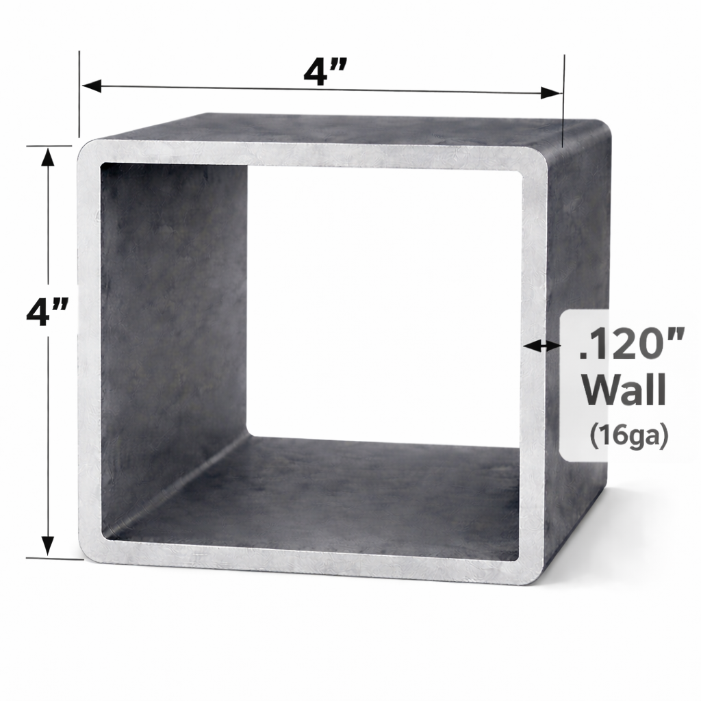 4" x 4" x 11ga square steel tubing with a .120" wall, ideal for structural and industrial applications.