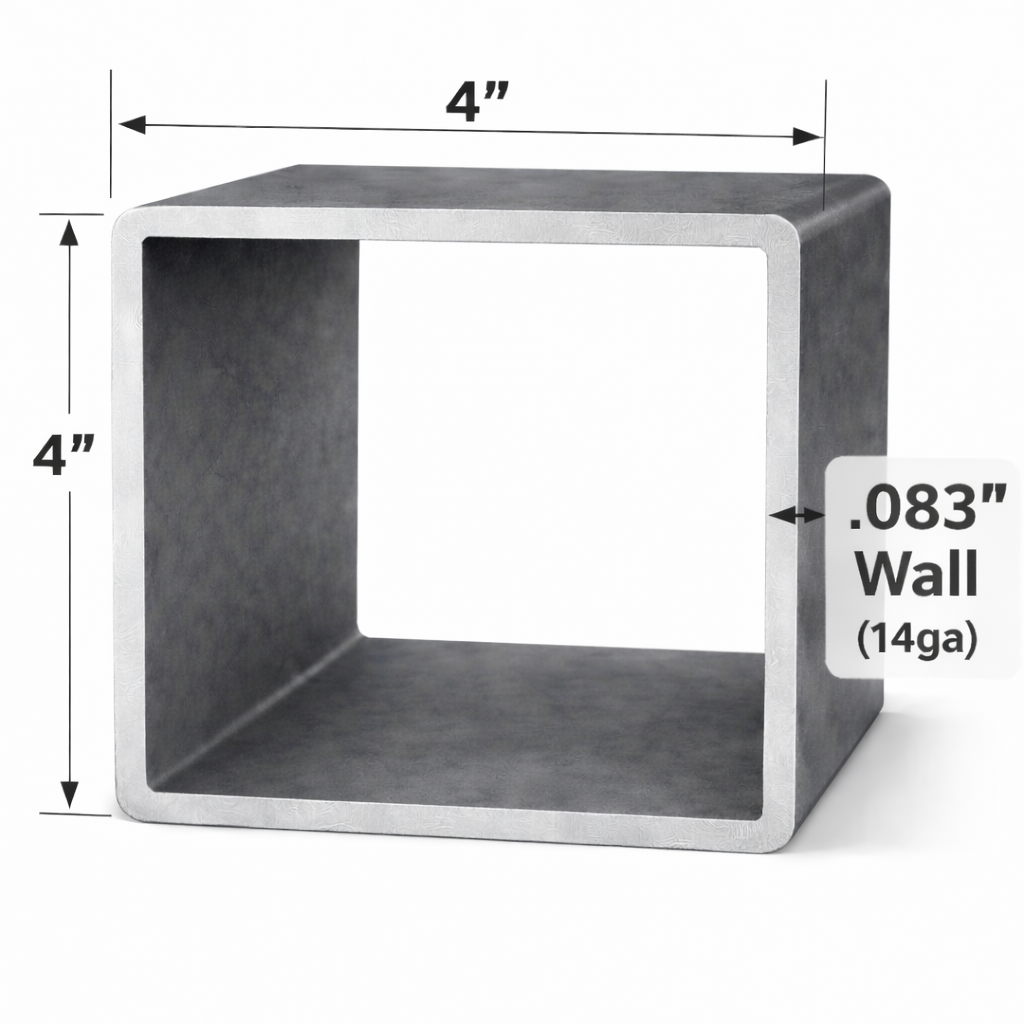 Square steel tubing 4 inches by 4 inches and 14ga wall thickness, showcasing dimensions and steel quality.
