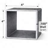 Square steel tubing 4" x 4" x 3/16" (0.188") with dimensions shown, made from high-quality carbon steel.