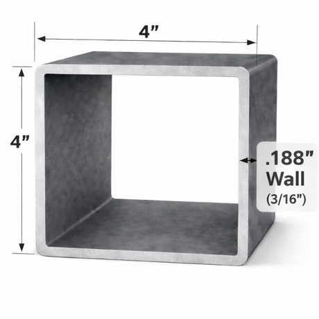 Square steel tubing 4" x 4" x 3/16" (0.188") with dimensions shown, made from high-quality carbon steel.