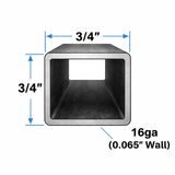 Square Steel Tubing 3/4" x 3/4" x 16ga (0.065") dimensions with measurements and structure