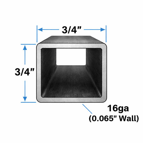 Square Steel Tubing 3/4" x 3/4" x 16ga (0.065") dimensions with measurements and structure